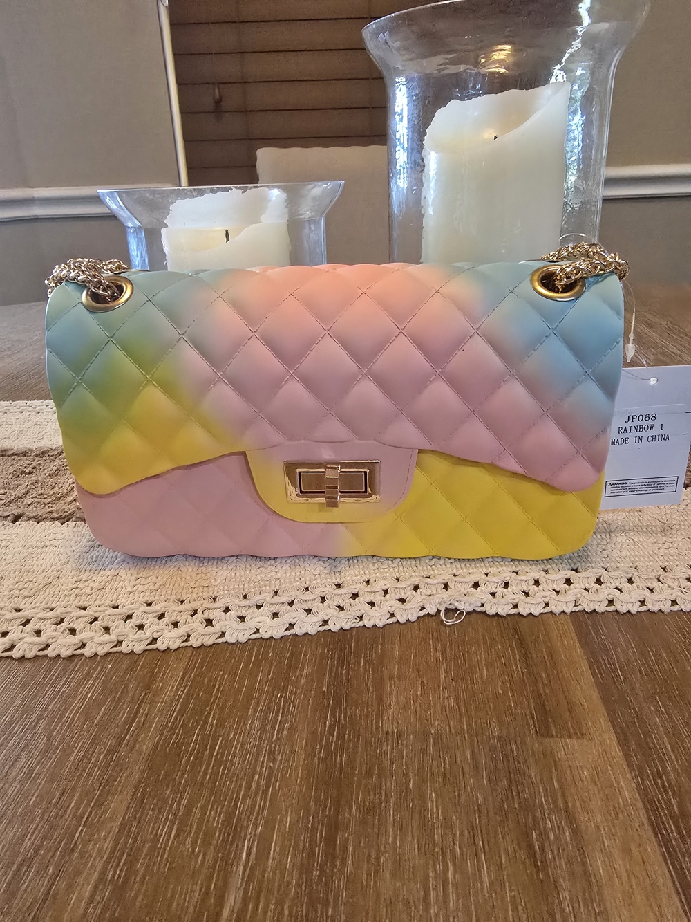 Quilted Rainbow Gradient PVC Jelly Shoulder Bag with Gold Chain